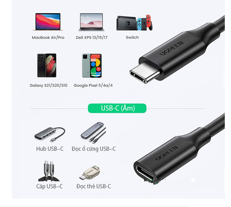 Cáp nối dài 1m USB Type C 3.2 Ugreen 10387 (Sạc , truyền dữ liệu)
