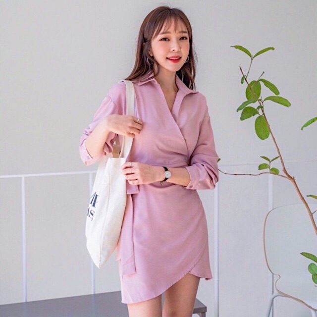 Đầm sơ mi hồng đắp tà v2 (kèm hình thật)