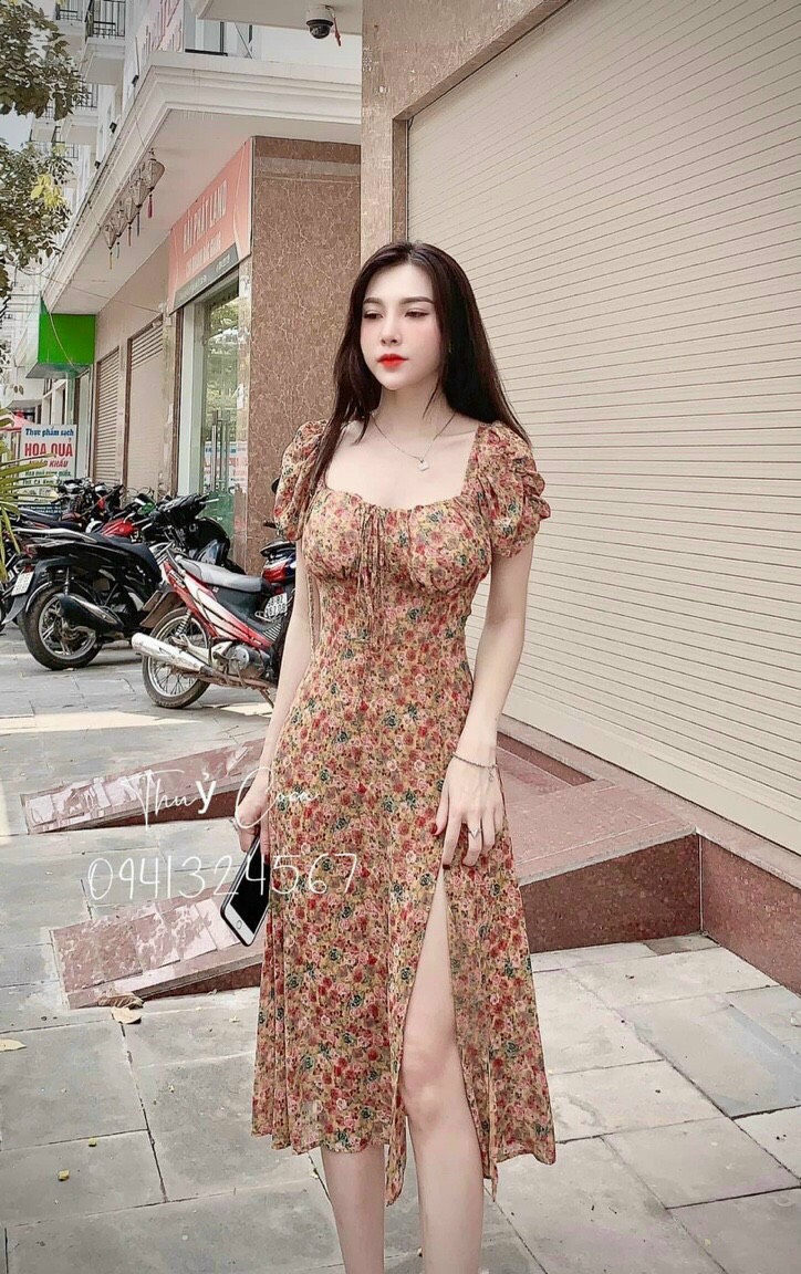 Đầm hoa xẻ tà mẫu hoa nhí pháp siêu sang LT