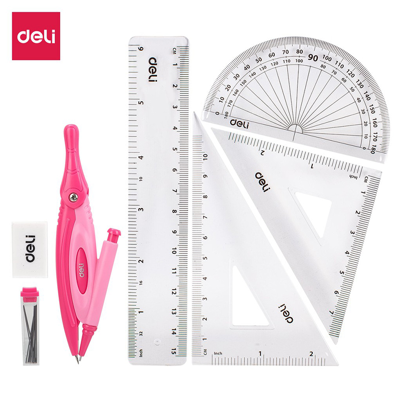 Bộ compa thước eke Deli 7 loại 15cm chì kim G30304 (hộp nhựa) (Hồng/Xanh)