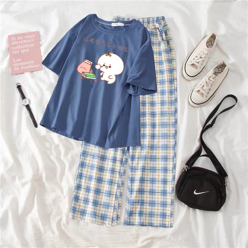 QUẦN ÁO NỮ, SET ÁO IN HÌNH MẦM LÁ HỌC BÀI KÈM QUẦN KẺ VÀ QUẦN ỐNG RỘNG ( CÓ BÁN LẺ )