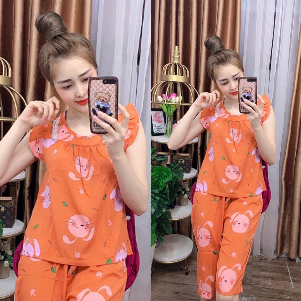 Đồ bộ lụa lửng mặc nhà họa tiết hình thú dễ thương có size 40-75kg - lua23