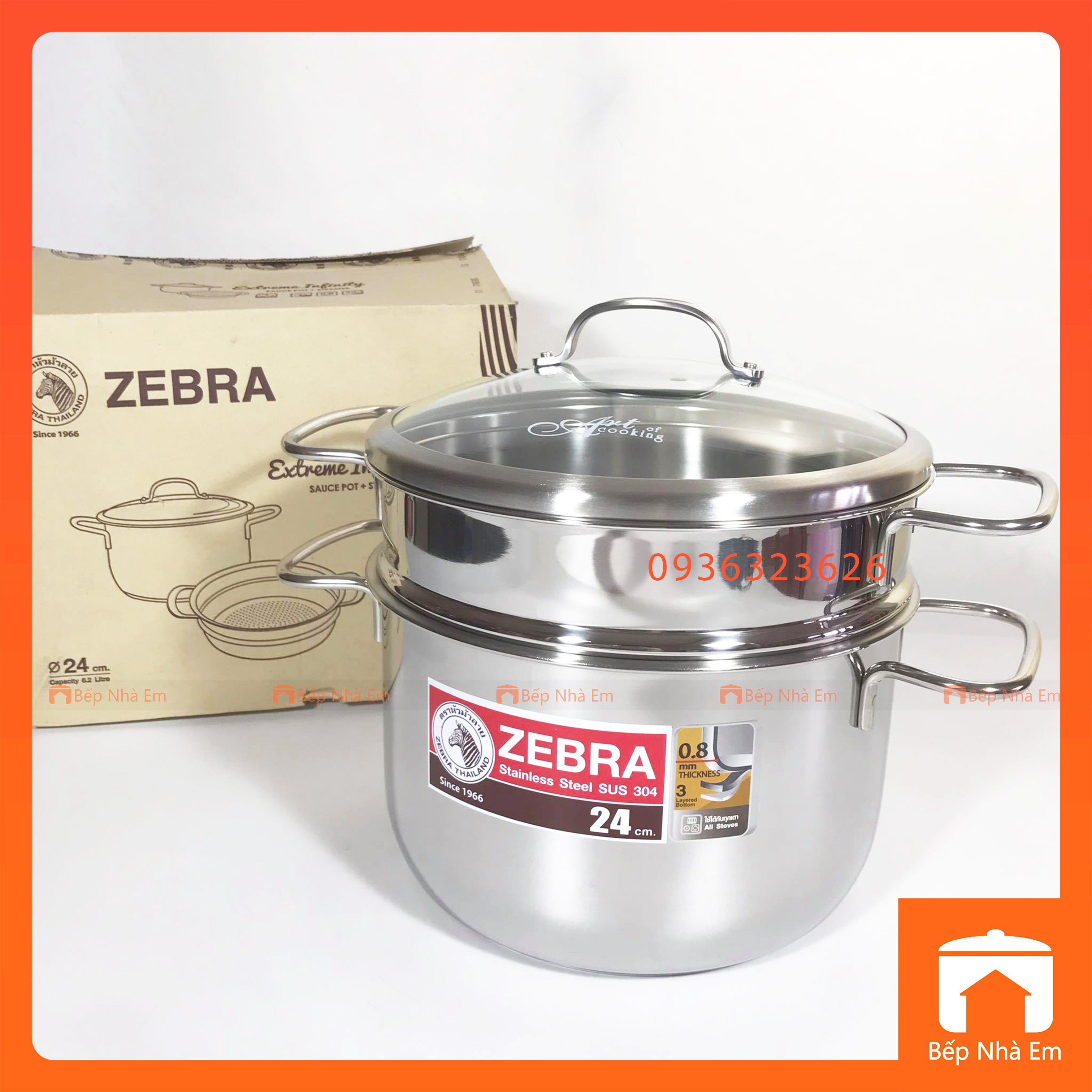 Bộ nồi xửng hấp zebra 3 đáy nắp kính extreme infinity 24cm 6.2l - 163640 - hàng nhập khẩu thái lan