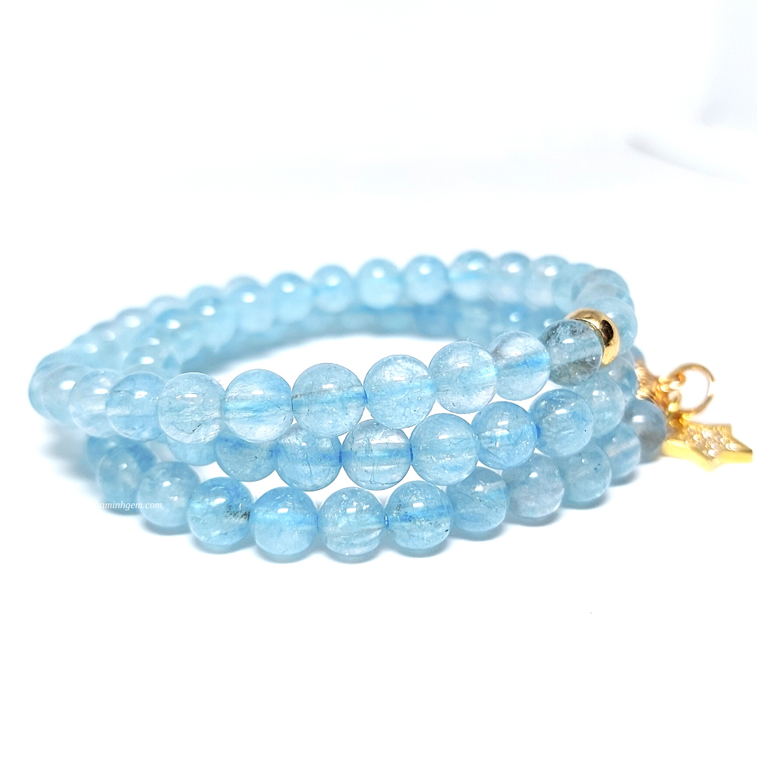 Vòng tay Aquamarine Xanh 6 li quấn 3 vòng mix Charm Vàng Xi Cao Cấp | Hoa Minh Gem
