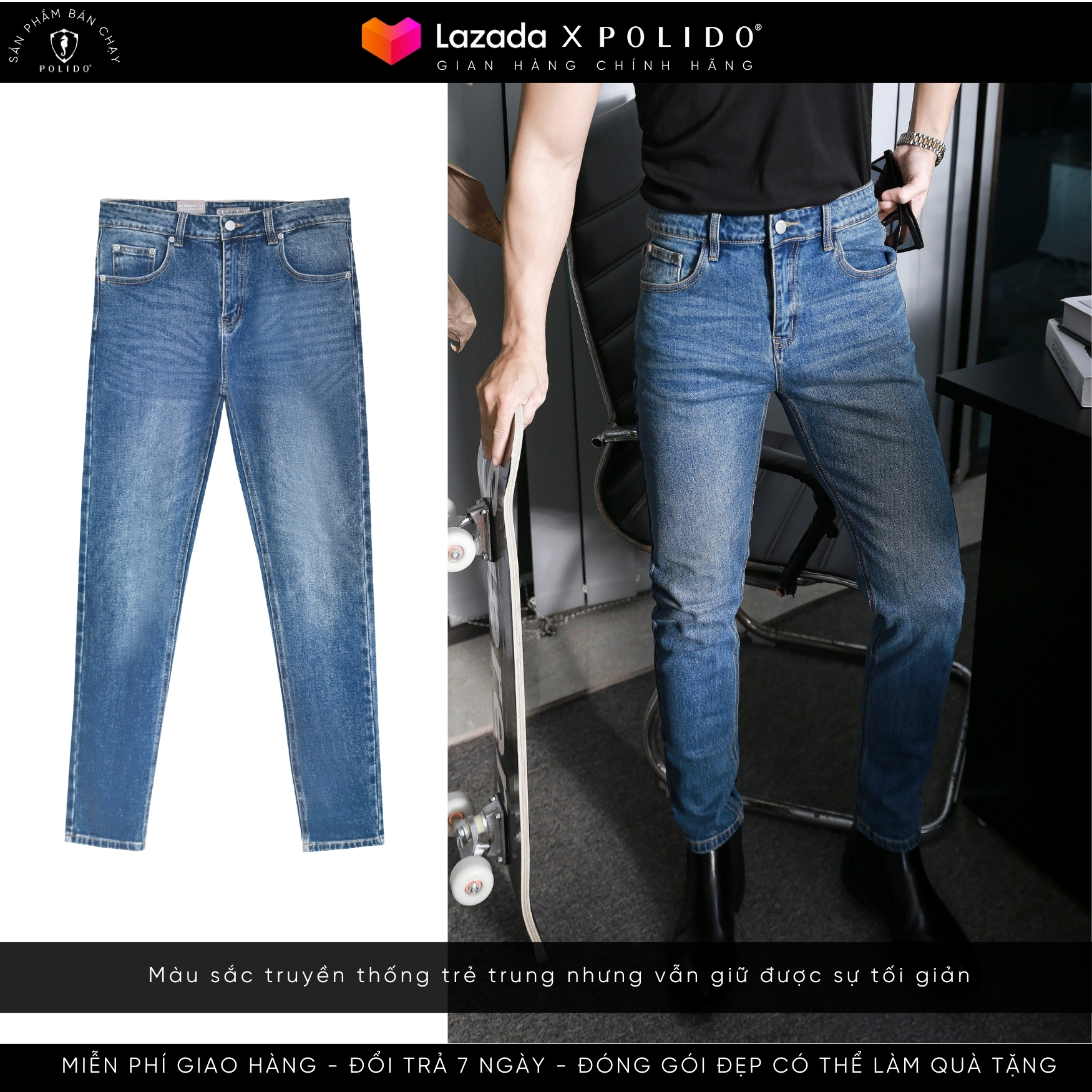Quần Jeans Trơn CF Nam Kiểu Dáng Basic, Chất Liệu Jeans Co Giãn Nhẹ