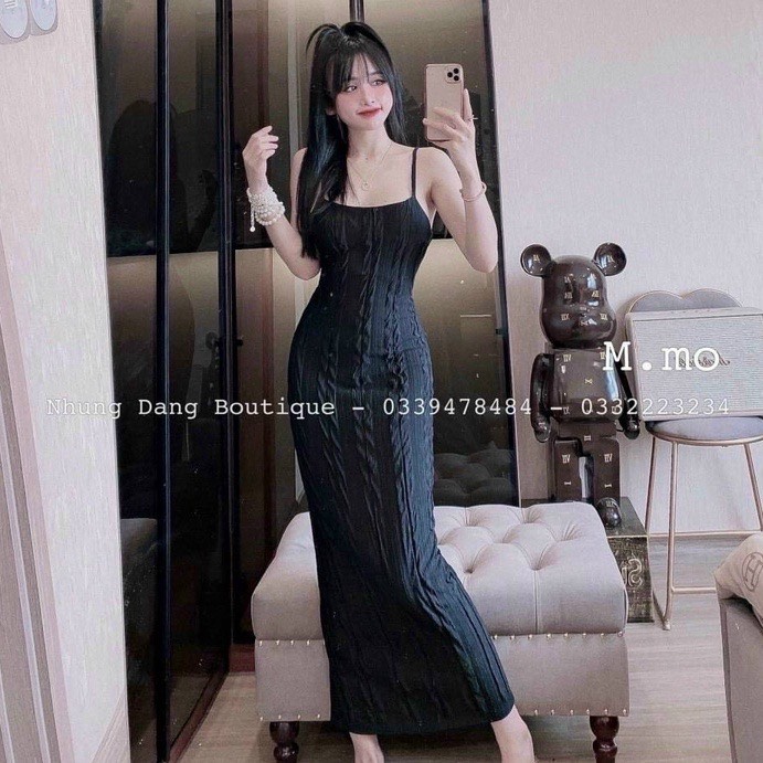 đầm body 2 dây dáng dài xốp mềm mịn thien van