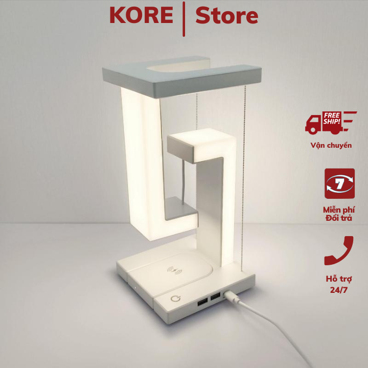 Đèn ngủ điều chỉnh mức độ sáng KORE, Đèn led phòng ngủ kèm sạc không dây, cổng sạc usb thiết kế không trọng lực