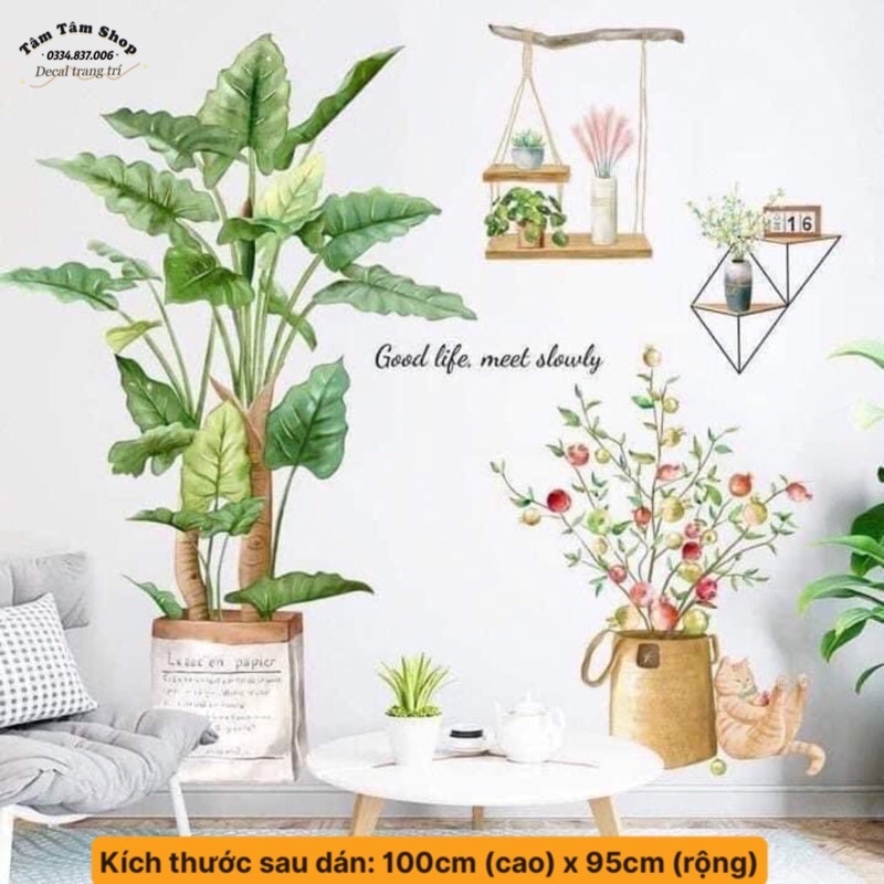 Decal dán tường, Tranh dán tường chậu cây và mèo phong cách Hàn Quốc sẵn keo dán.