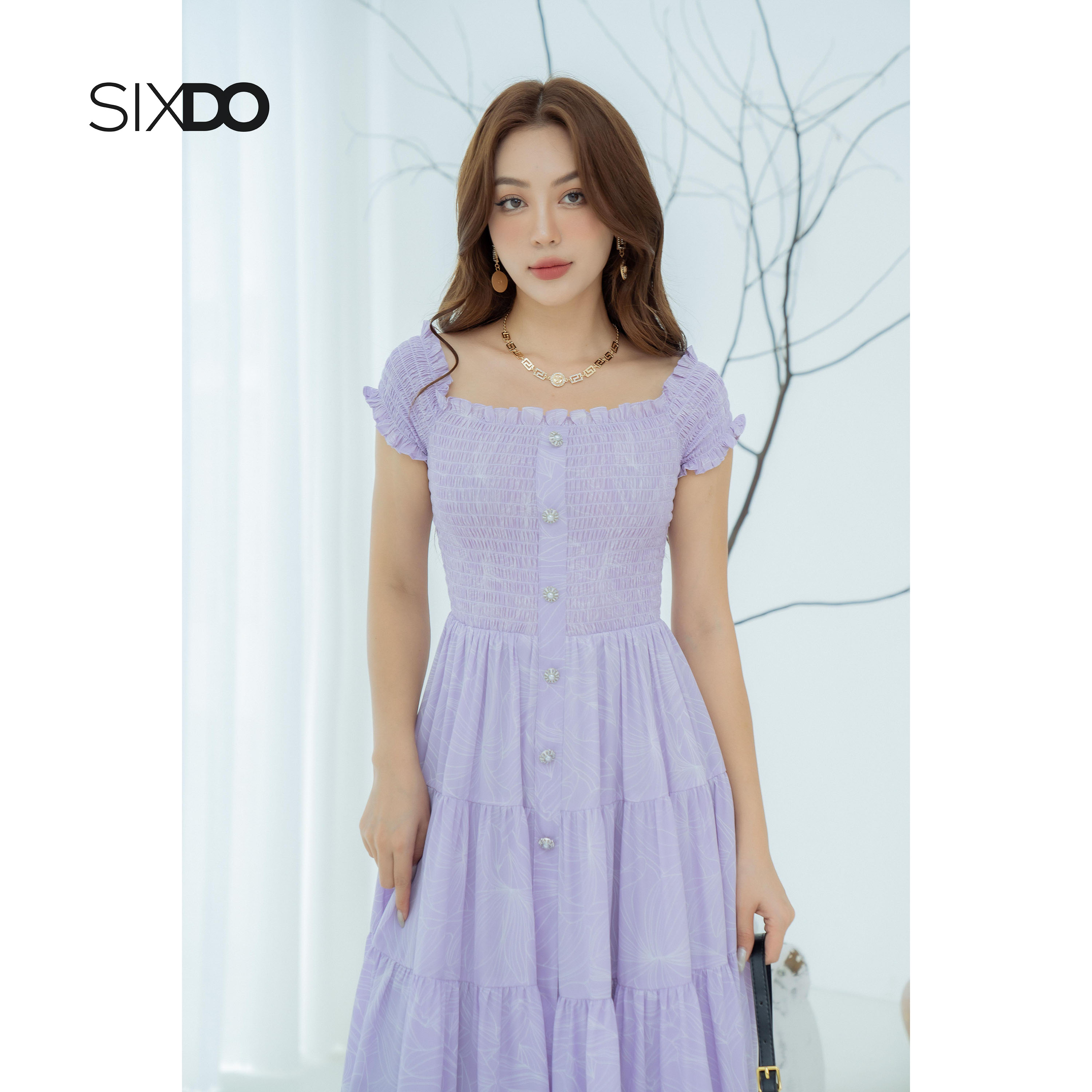 Đầm hoa chiffon midi SIXDO (Floral  Midi Chiffon Dress)