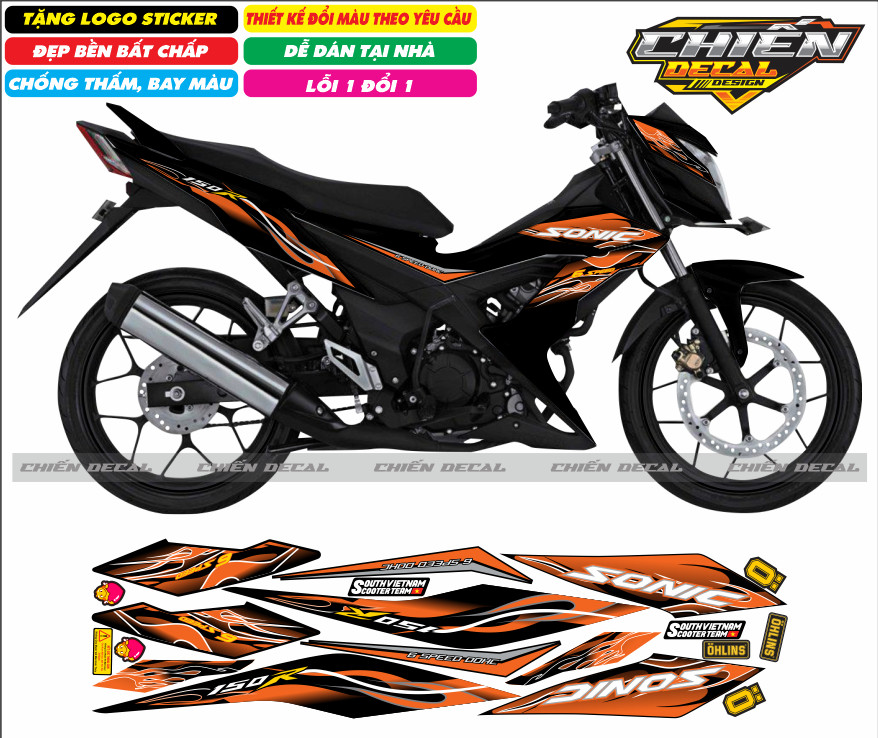 Tem rời xe sonic 150 màu đen mẫu tem lửa nhiều kiểu lựa chọn (tem 3 lớp cao cấp)