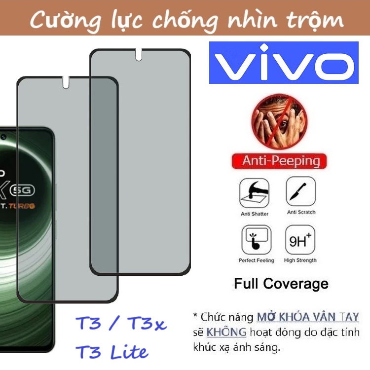 Cường lực chống nhìn trộm Vivo T3 / T3x / T3 Lite 5G (Full màn Full keo)
