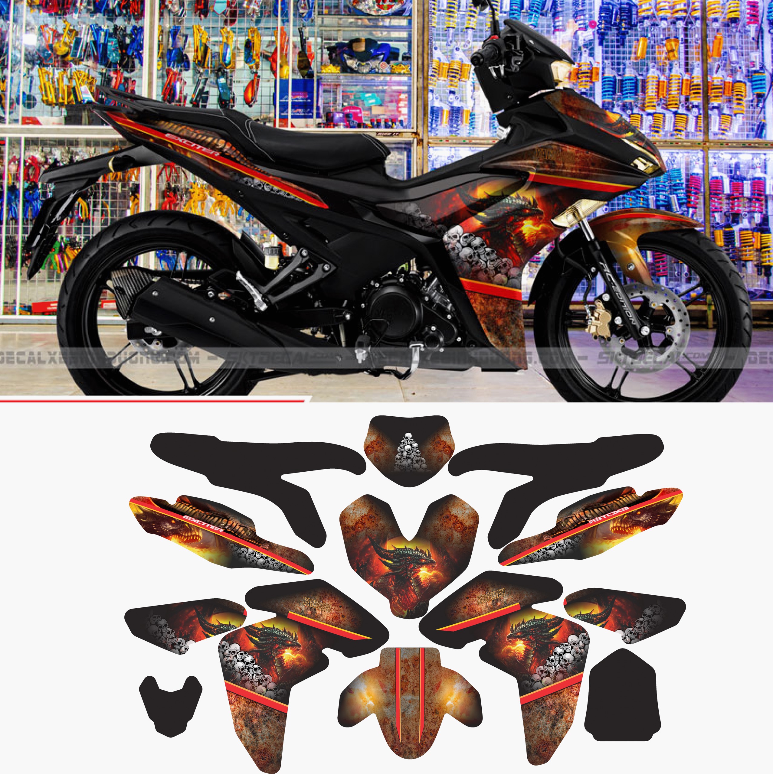 Tem trùm xe exciter 155 DRAGON ĐỎ ĐEN đẹp - Tem dán xe máy exciter 155 DRAGON ĐỎ ĐEN thiết kế theo yêu cầu - tem trùm exciter 155 độ chế đẹp và rẻ chất