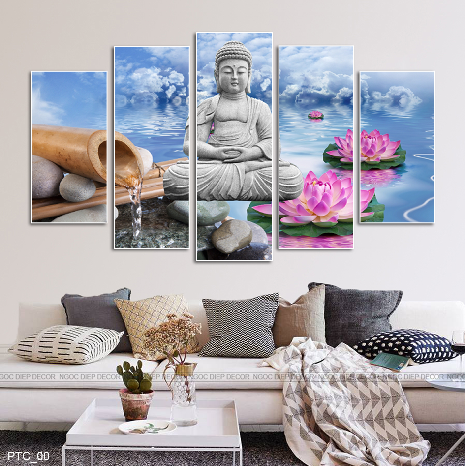 Bộ 5 Tấm tranh dán tường Phật ngồi thiền hồ nước hoa sen, Tranh phong thủy, In UV chống bay màu