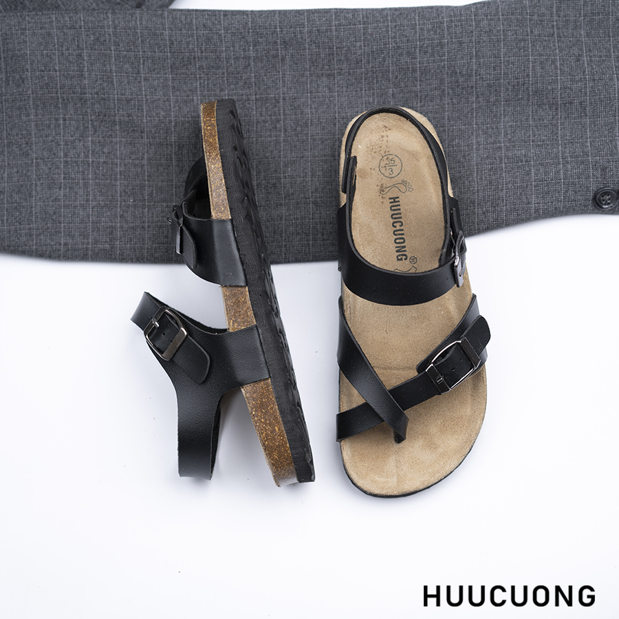 Giày Sandal đế trấu unisex xỏ ngón da pu đen