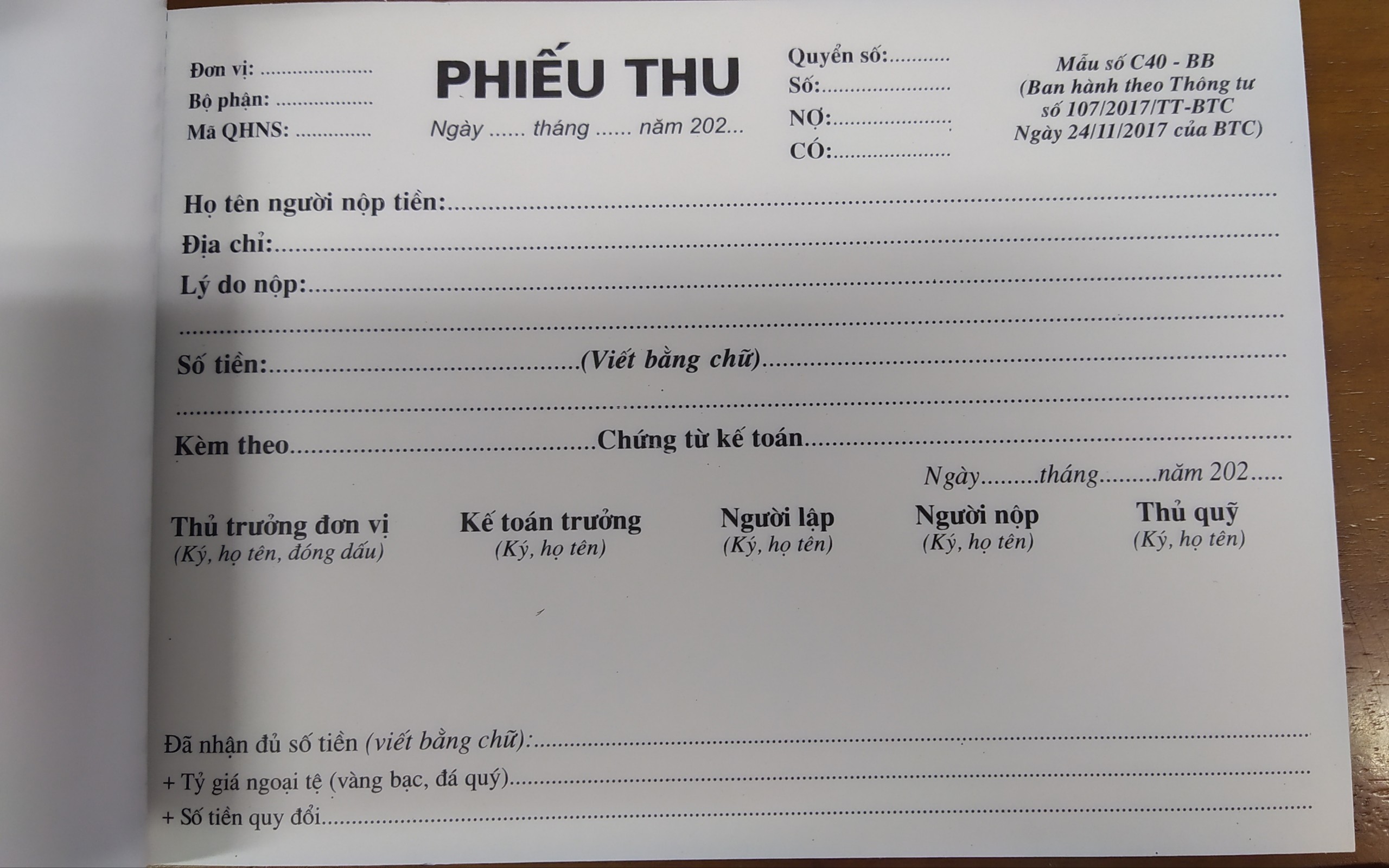 Phiếu thu, chi (2 liên) khổ A5