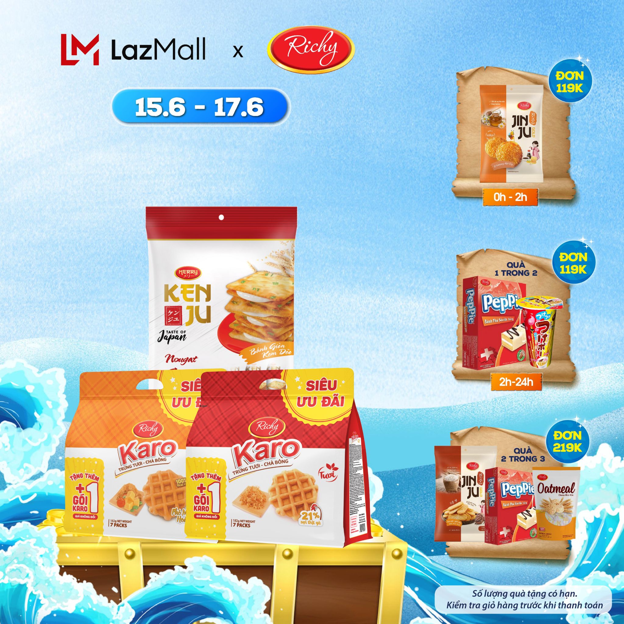 Combo 3k: 1 túi kenju 186g, 1 túi karo sợi gà và 1 túi karo phô mai hoàng kim