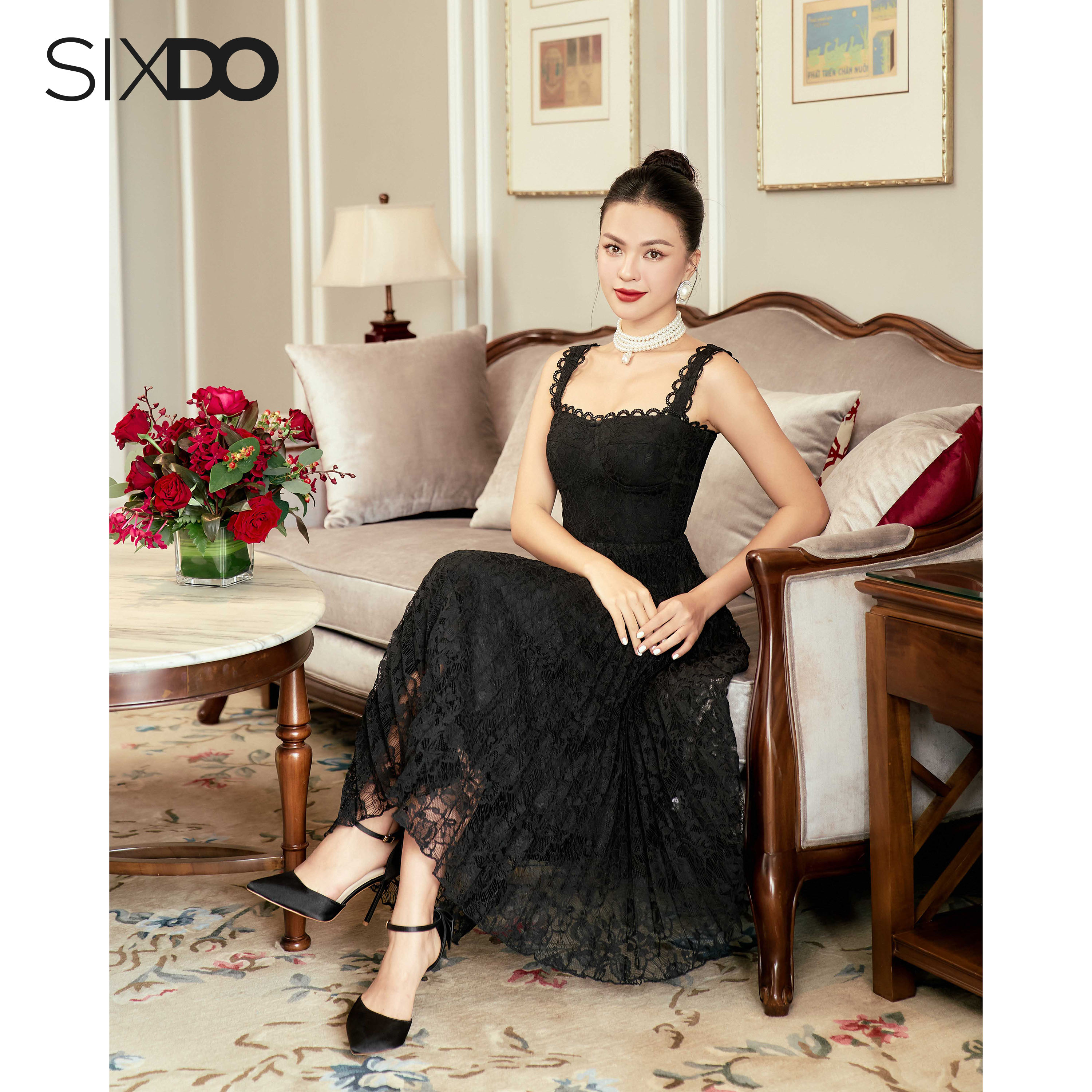 Đầm ren đen xếp ly SIXDO (Black Pleated Midi Lace Dress)