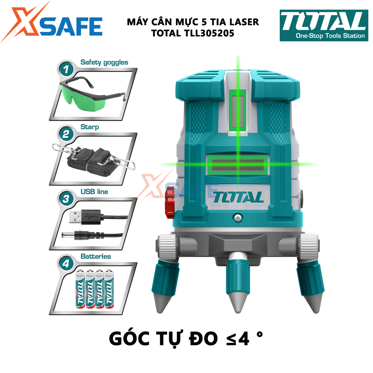 Máy cân bằng laser 5 tia màu xanh TOTAL TLL305205 | máy đo mức cân bằng 5 tia laser phạm vi làm việc 0 ~ 20 m 1 tia ngang, 4 tia dọc loại Laser 520nm quét ngang, dọc một đồ vật hoặc khu vực thi công đo đạc nhanh c