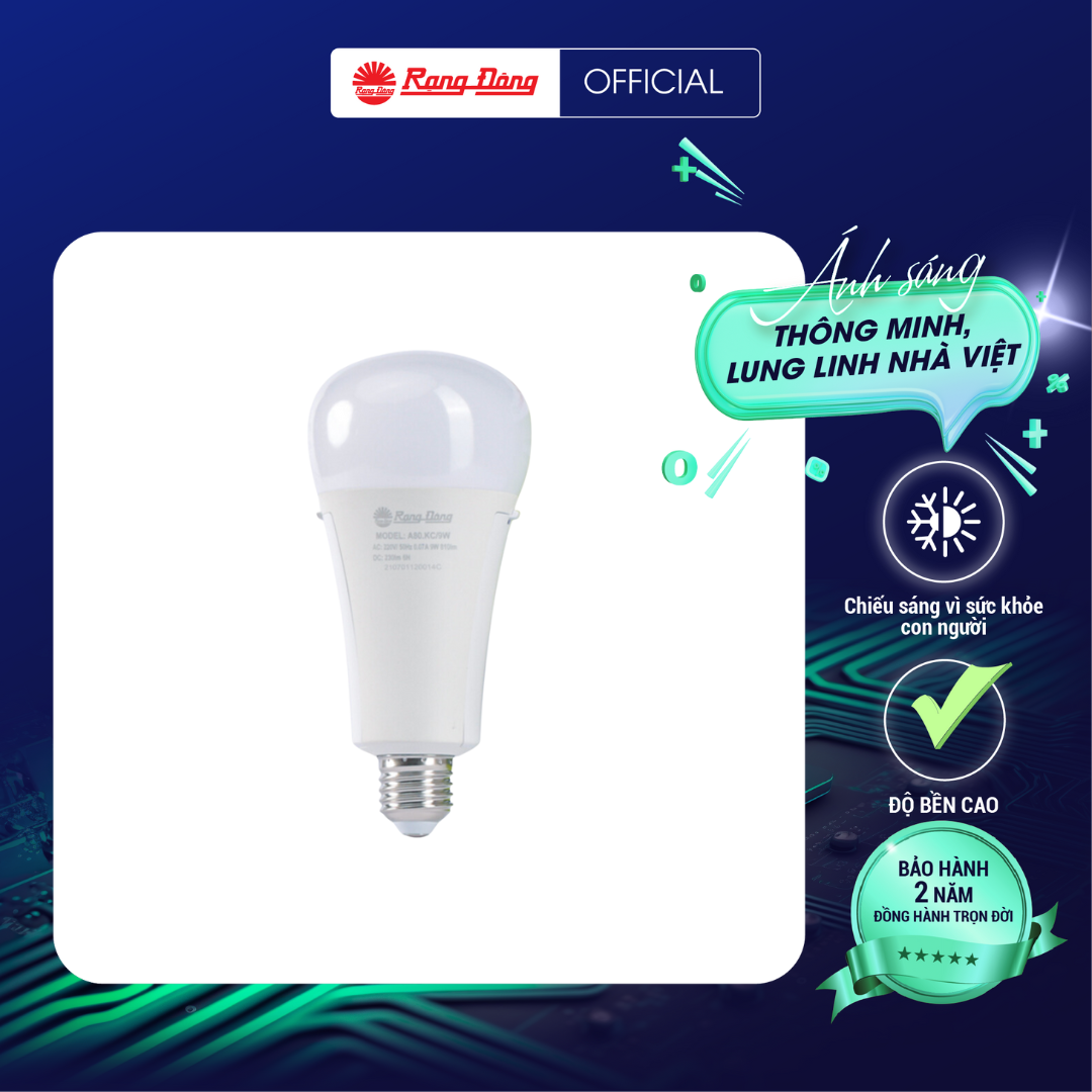 Đèn LED Bulb lưu điện A80.KC/9W chính hãng Rạng Đông Pin lưu điện đến 6 tiếng công nghệ Lithium chip LED Samsung Hàn Quốc nhỏ gọn
