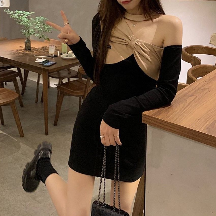 Váy body dài tay , đầm ngắn dáng ôm sexy , hở vai vải bông co dãn cao cấp phong cách thu đông Hàn Quốc