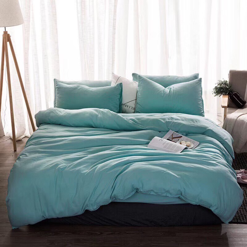 Trọn bộ 4 món chăn ga gối đũi cotton nhập màu xanh ngọc lam