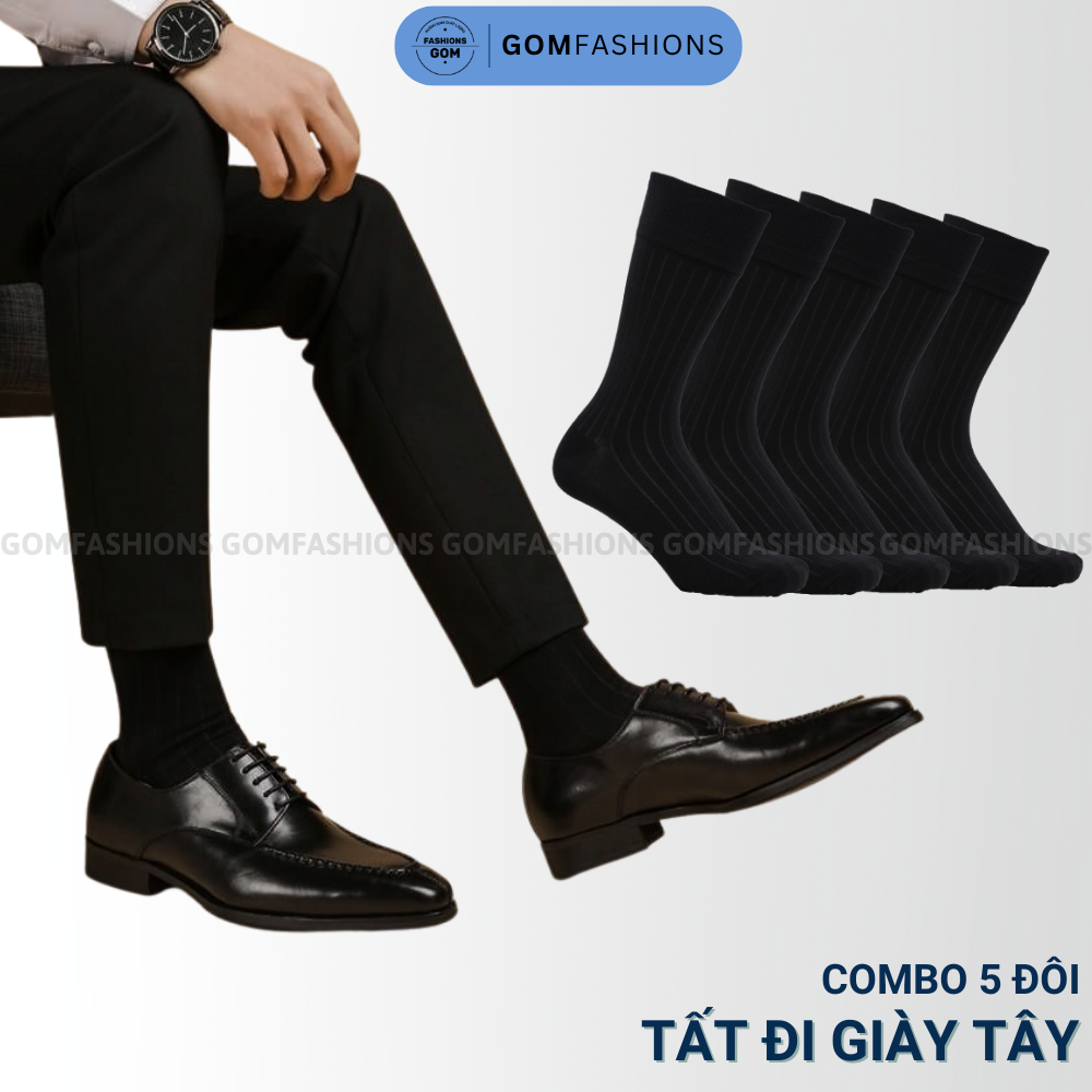 Combo 5 đôi tất nam công sở cổ cao đi giày tây, vớ nam cổ cao họa tiết gân chìm màu đen - tayganchim-den-cb5