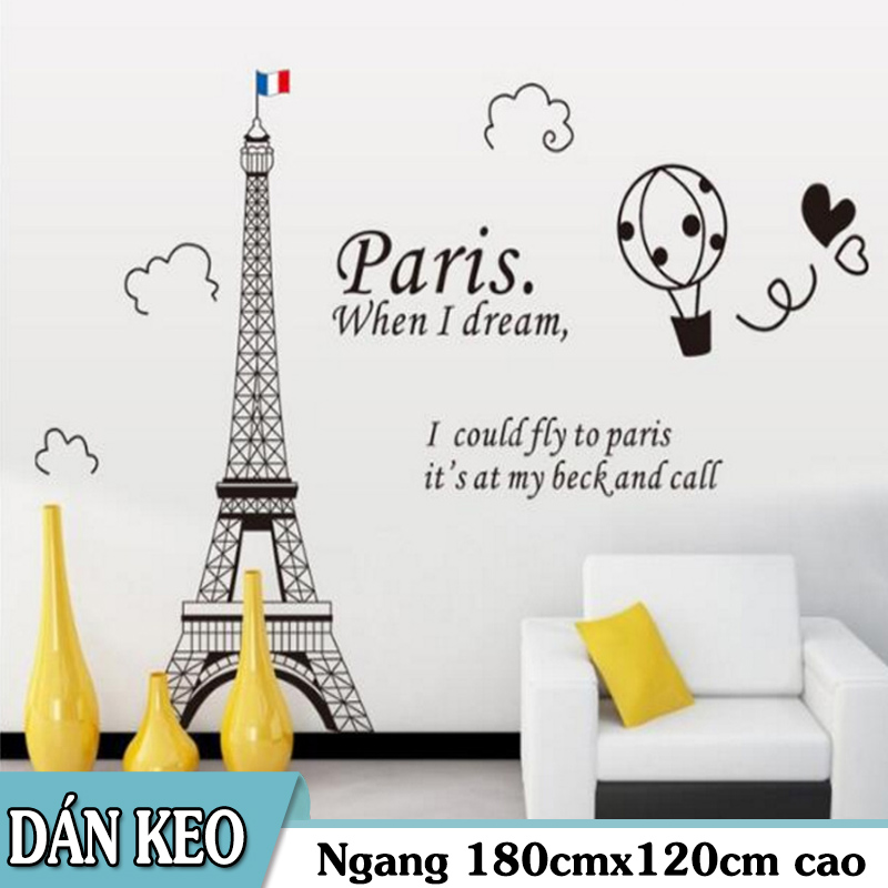 Decal trang trí tường - Tháp Paris khinh khí cầu tinh tế 02