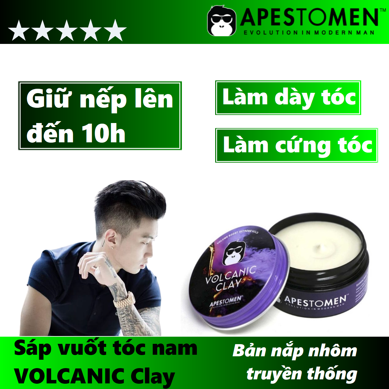 Sáp vuốt tóc Apestomen VOLCANIC Clay classic hũ 80ml, sáp vuốt tóc nam hương thơm dễ chịu giữ nếp chuẩn barber