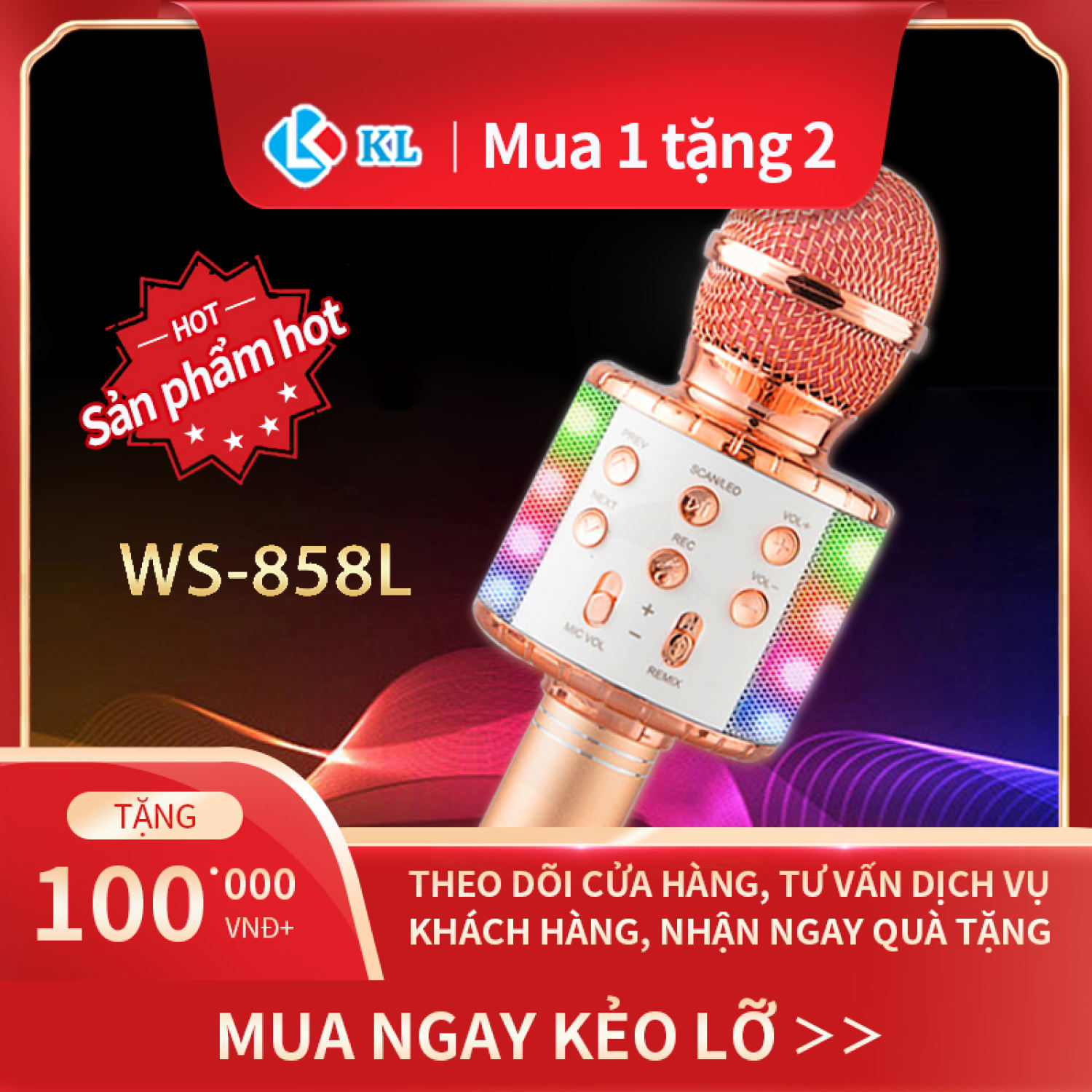 (lᴏại 1)Hot Hot Giảm giá 50%, Mic Hát karaoke kết nối Bluetooth KL không dây WS-858L, micro không dây, micro karaoke bluetooth, micro live stream, micro không dây bluetooth Đèn Led theo nhạc