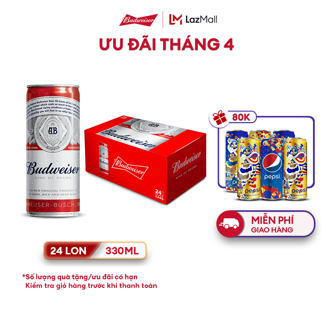 [Budweiser] Thùng 24 Lon Bia Budweiser - 330ml/lon