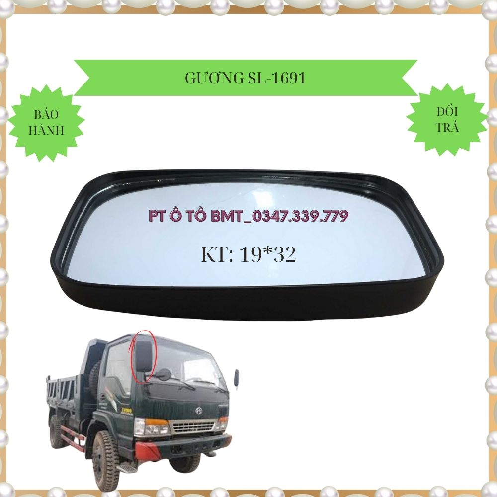 Gương chiếu hậu xe tải, xe ben thaco 4 tấn, 6 tấn, mã gương SL1691 bắt táo, Hình chữ nhật, kích thước L320xb190