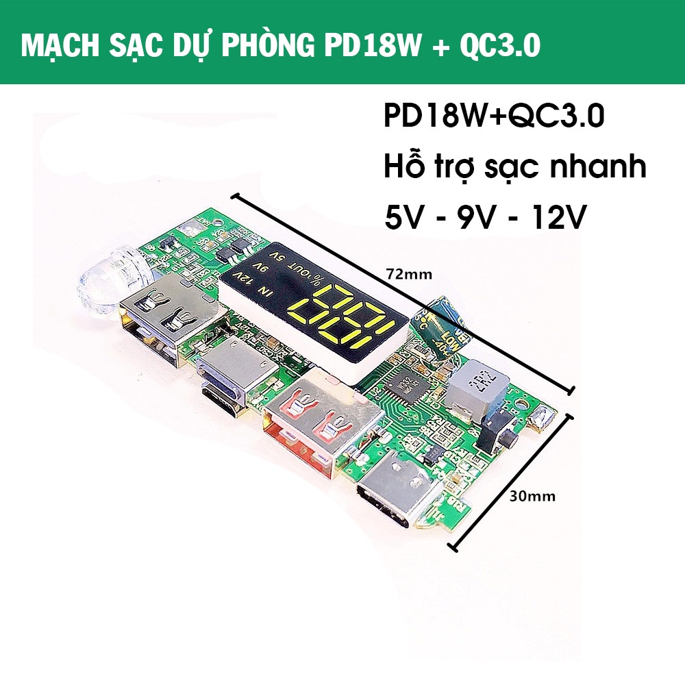 Mạch sạc dự phòng qc3.0 +pd18w hỗ trợ sạc 5v 9v 12v