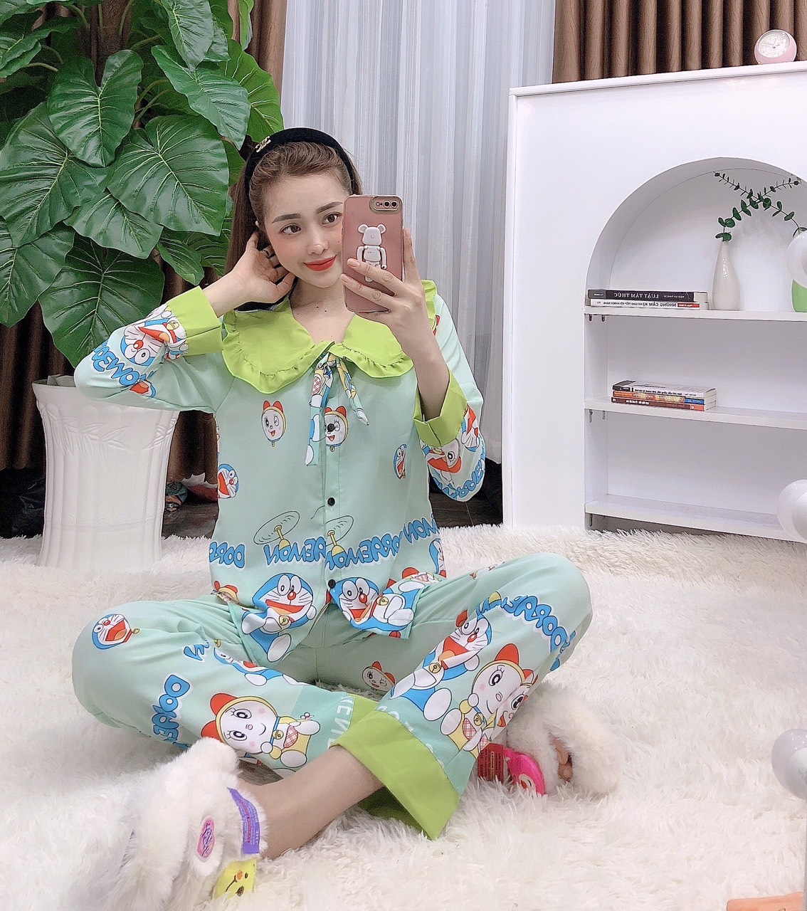 Đồ Bộ Pijama Tay Dài Vải Kate Lụa Cột Nơ Mềm Mại Freesize Dưới 58Kg