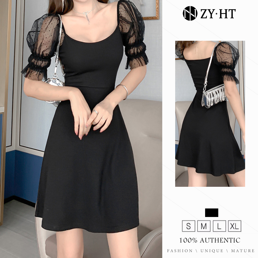 ZYHT đầm đen đầm cổ vuông đầm chấm bi đầm lưới đầm ngắn đầm tay phồng đầm chữ A đầm bó sát đầm đen đầm gợi cảm đầm thời trang đầm ngắn đầm Hàn Quốc đầm cổ vuông eravogue 4113