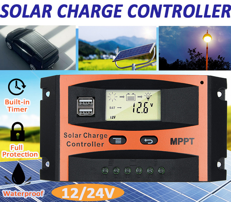 Bộ điều khiển sạc pin năng lượng mặt trời MPPT-JNJ 12V/24V 60A 720W 2 cổng USB tự nhận dạng bình (Đen phối vàng),dieu khien sac nang luong mat troi , mppt