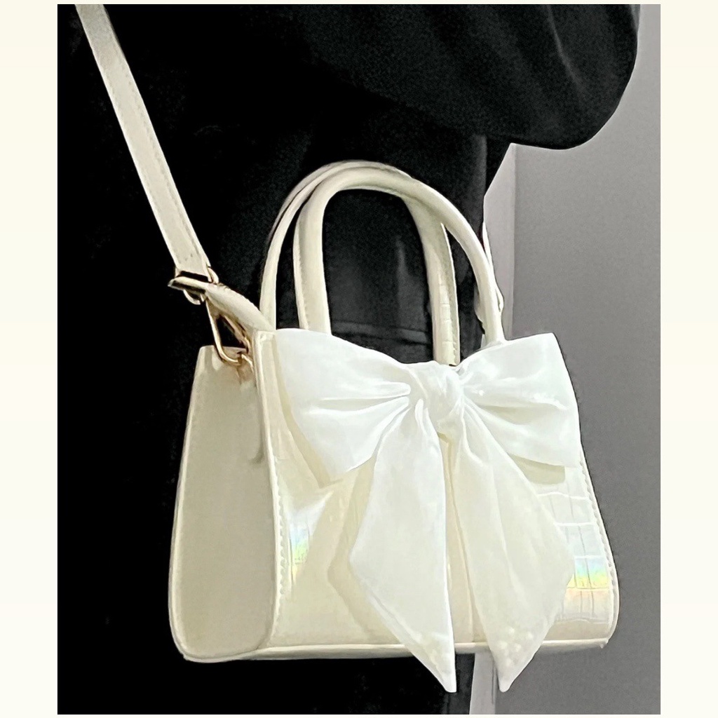 Túi xách đeo vai hình vuông cỡ nhỏ đính nơ thời trang cho nữ, Túi giỏ xách nữ đi tiệc cầm tay nơ trắng tiểu thư M180