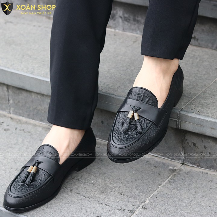 GIÀY LƯỜI NAM CÔNG SỞ-DẬP VÂN CÁ SẤU CÓ CHUÔNG MÀU VÀNG ĐẾ PHIP  CAO 3CM MÃ X091-2 MÀU ĐEN