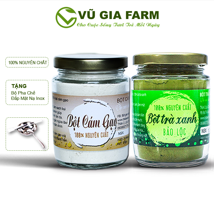 Combo Bột Trà Xanh + Bột Cám Gạo - Nguyên Chất Vũ Gia (100g/hũ) + Tặng Bộ đắp mặt nạ  - Đắp mặt dưỡng da, tẩy tế bào chết, xóa mờ thâm nám tàn nhang hiệu quả