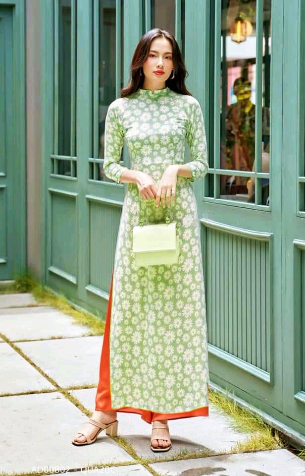 Bộ áo dài truyền thống xanh hoa cúc, áo dài may sẵn, nhận cắt áo dài