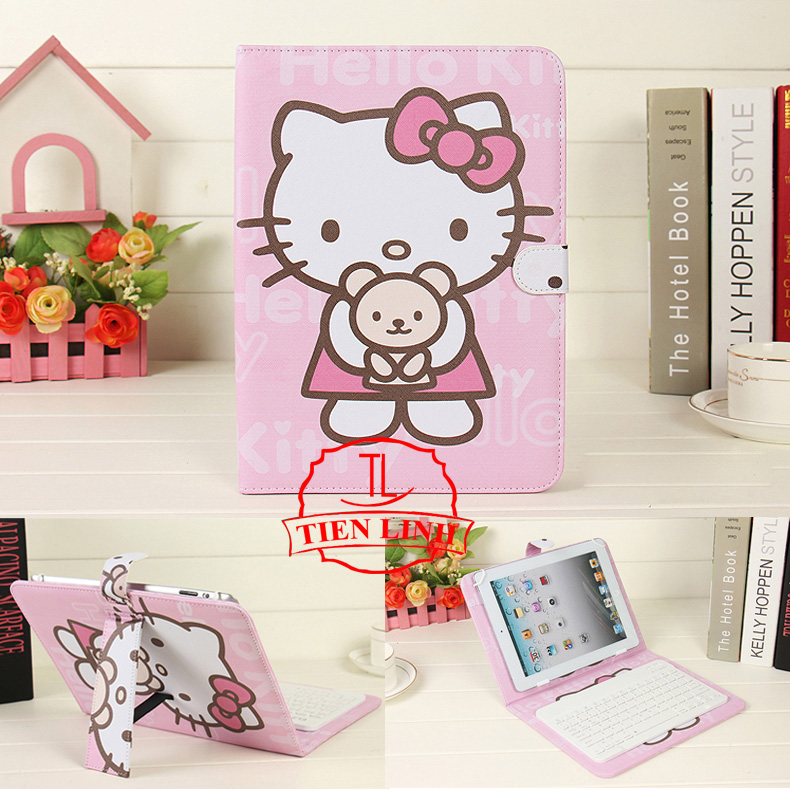 Combo bao da bàn phím + Chuột + Lót chuột cho điện thoại máy tính bảng từ 4 đến 8 inch hình HELLOKITTY ÔM GẤU
