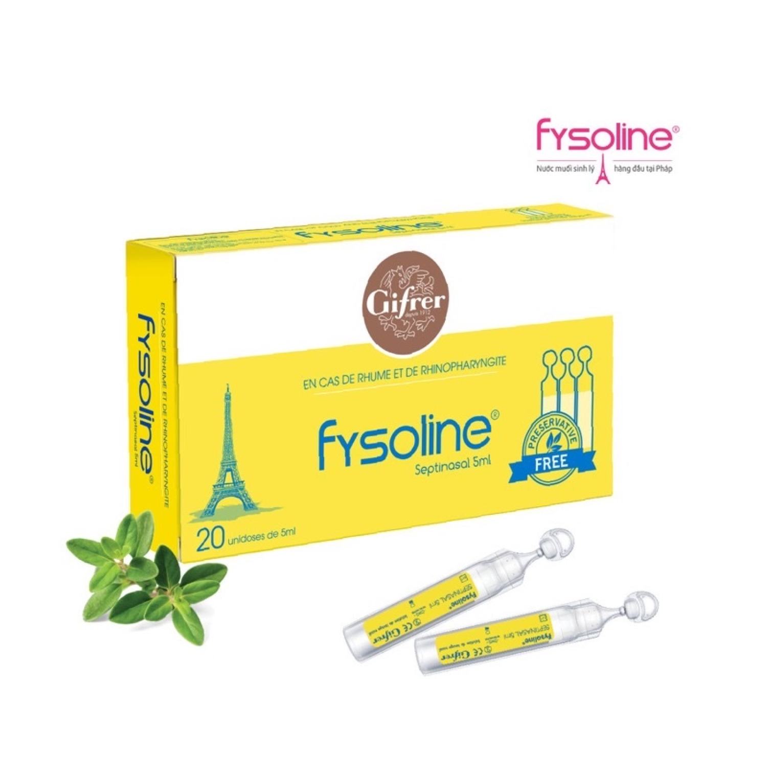Nước muối sinh lý kháng khuẩn Fysoline Pháp - Hộp 20 ống