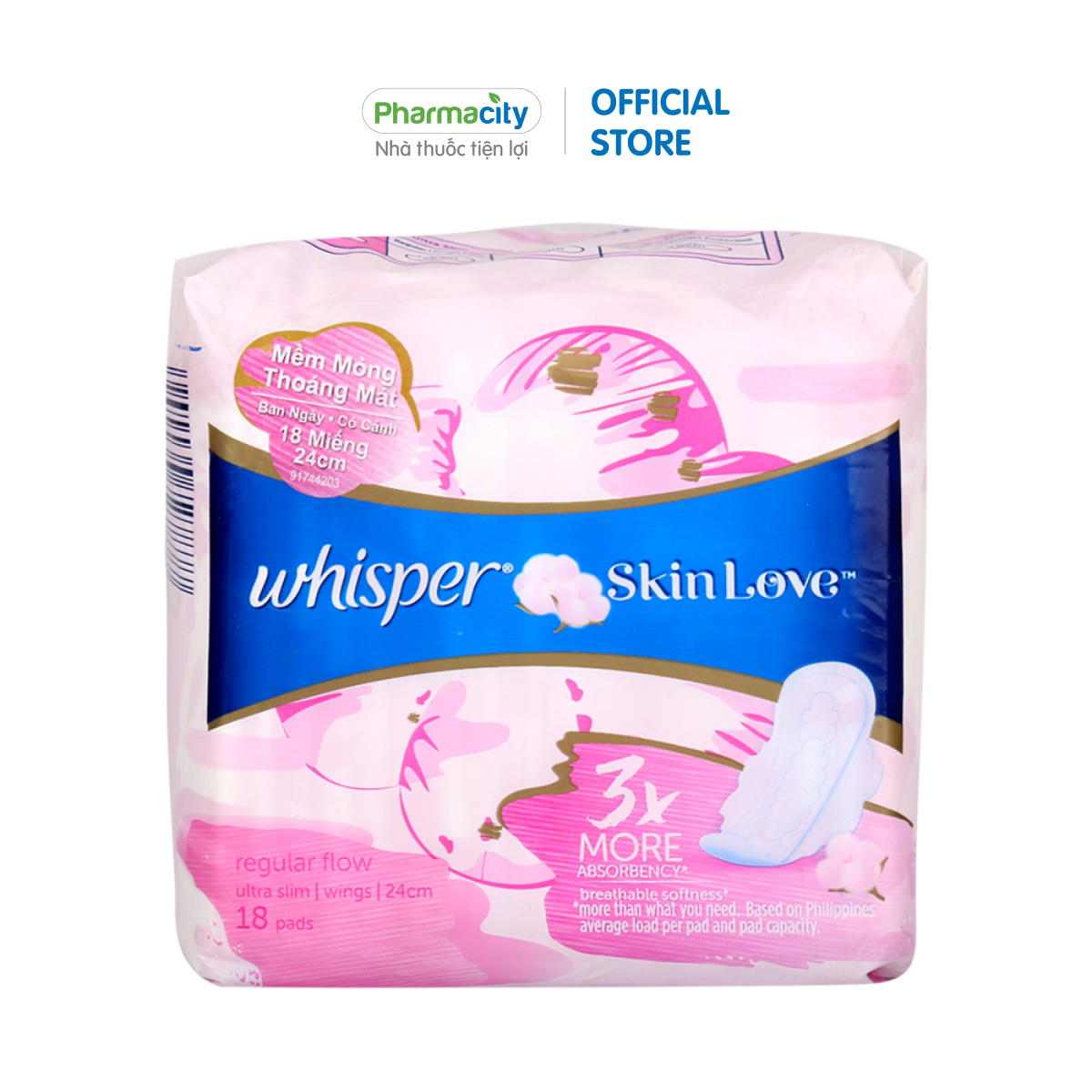 Băng vệ sinh ban ngày mềm mỏng có cánh 24cm Whisper (18 miếng/gói)