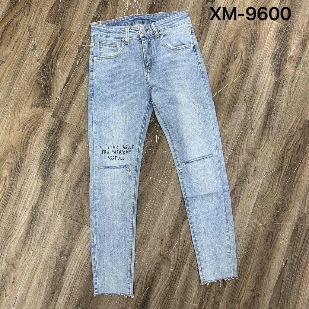 Quần jean nam dài xanh rách gối thêu chữ đẹp nhiều mẫuchất jean dày dặn kiểu dáng trẻ trung giá tốt KAYSTORE