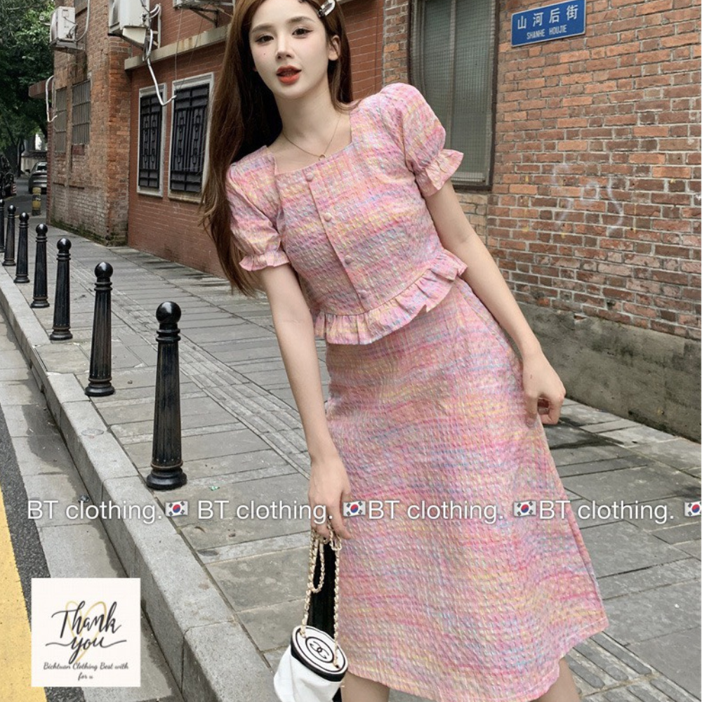 Set áo cổ vuông tay bồng mix chân váy - set váy kẻ hồng hottrend