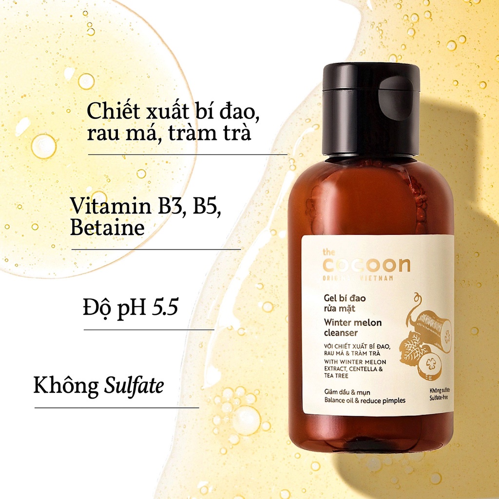 Gel bí đao rửa mặt cocoon , sữa rửa mặt dạng gel thuần chay giảm dầu & mụn bigsize 310ml -hunoxa