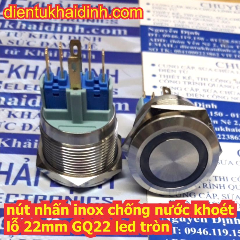 nút nhấn inox chống nước, dạng tròn khoét lỗ 22mm, nút nhấn đề, nhấn nhả GQ22 đầu phẳng led vòng tròn có 5 màu màu kde4655