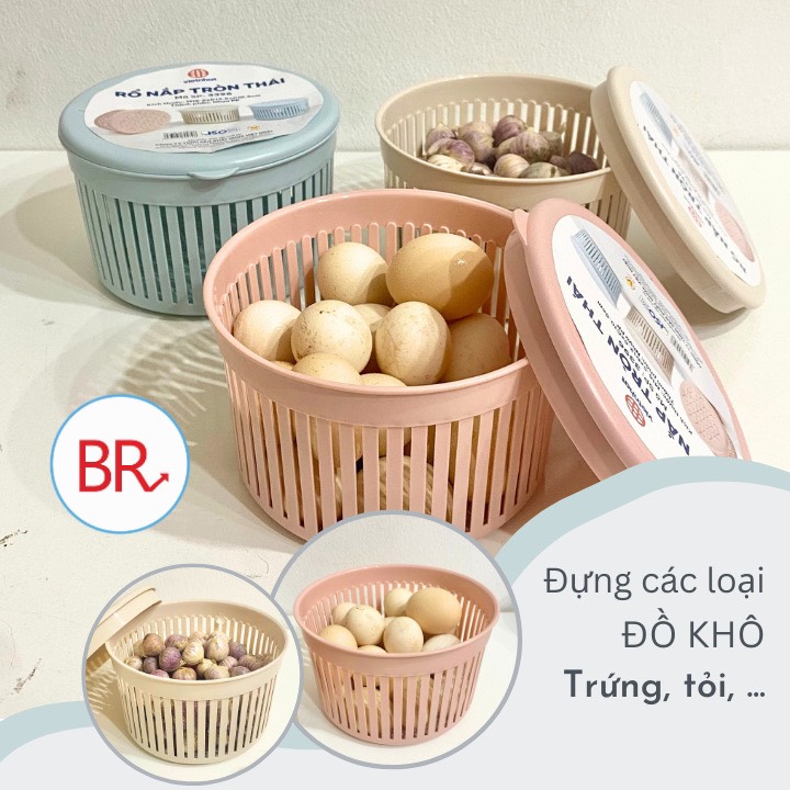 Rổ nắp tròn thái Việt Nhật , Rổ đựng trứng có nắp, Hộp đựng hành tỏi, giữ độ tươi của hành tỏi