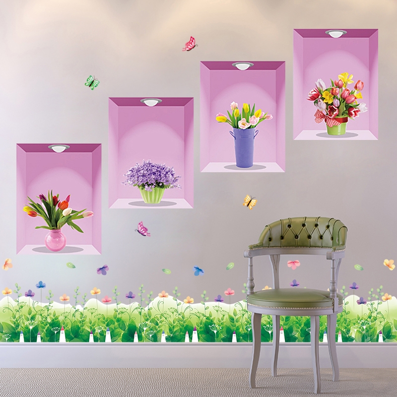 Decal dán tường tranh 4 bình hoa và chân tường hoa bướm