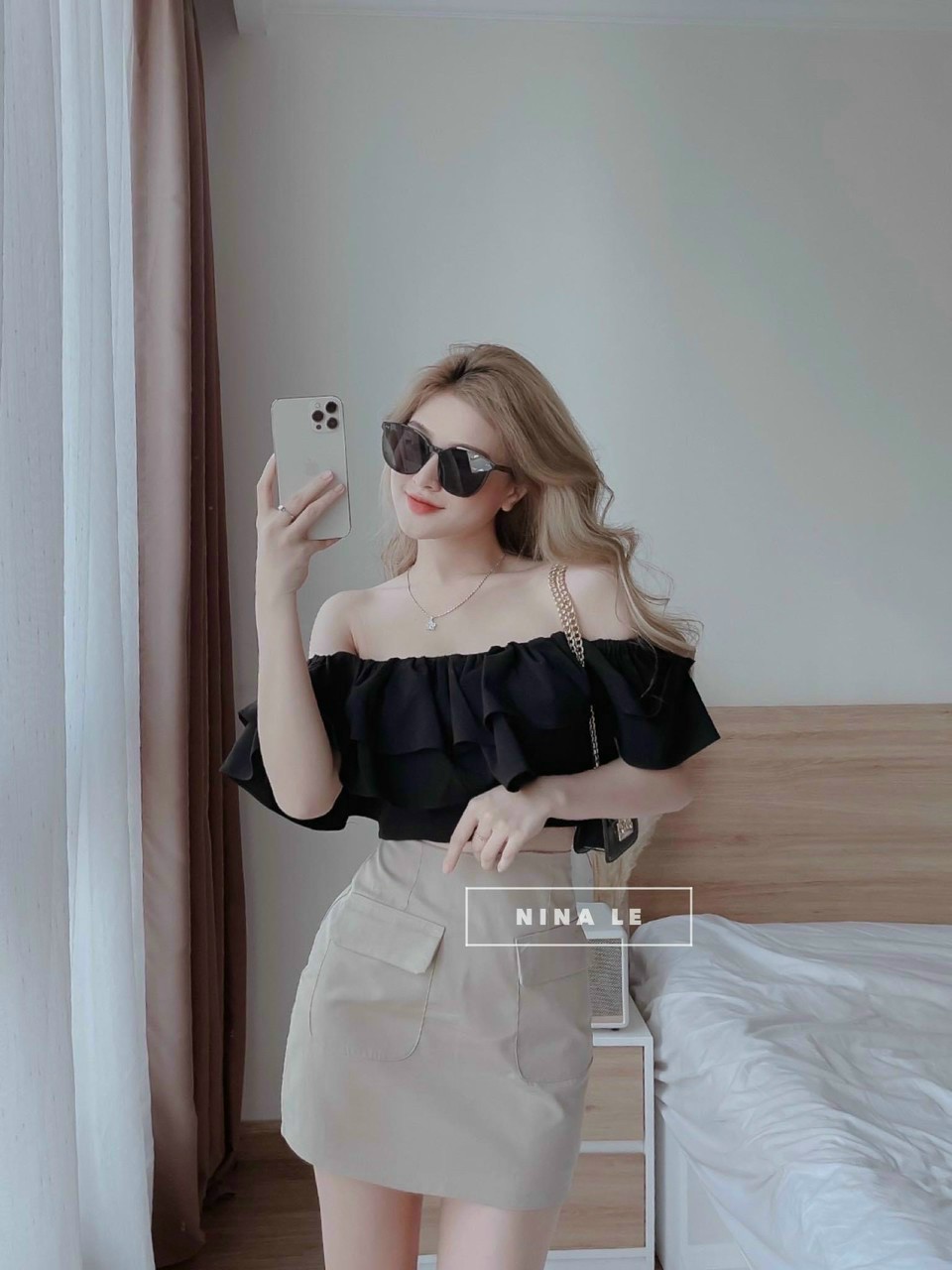 Set bô nữ áo lụa vai bèo kết hợp váy tuyết mưa chữ a siêu xinh