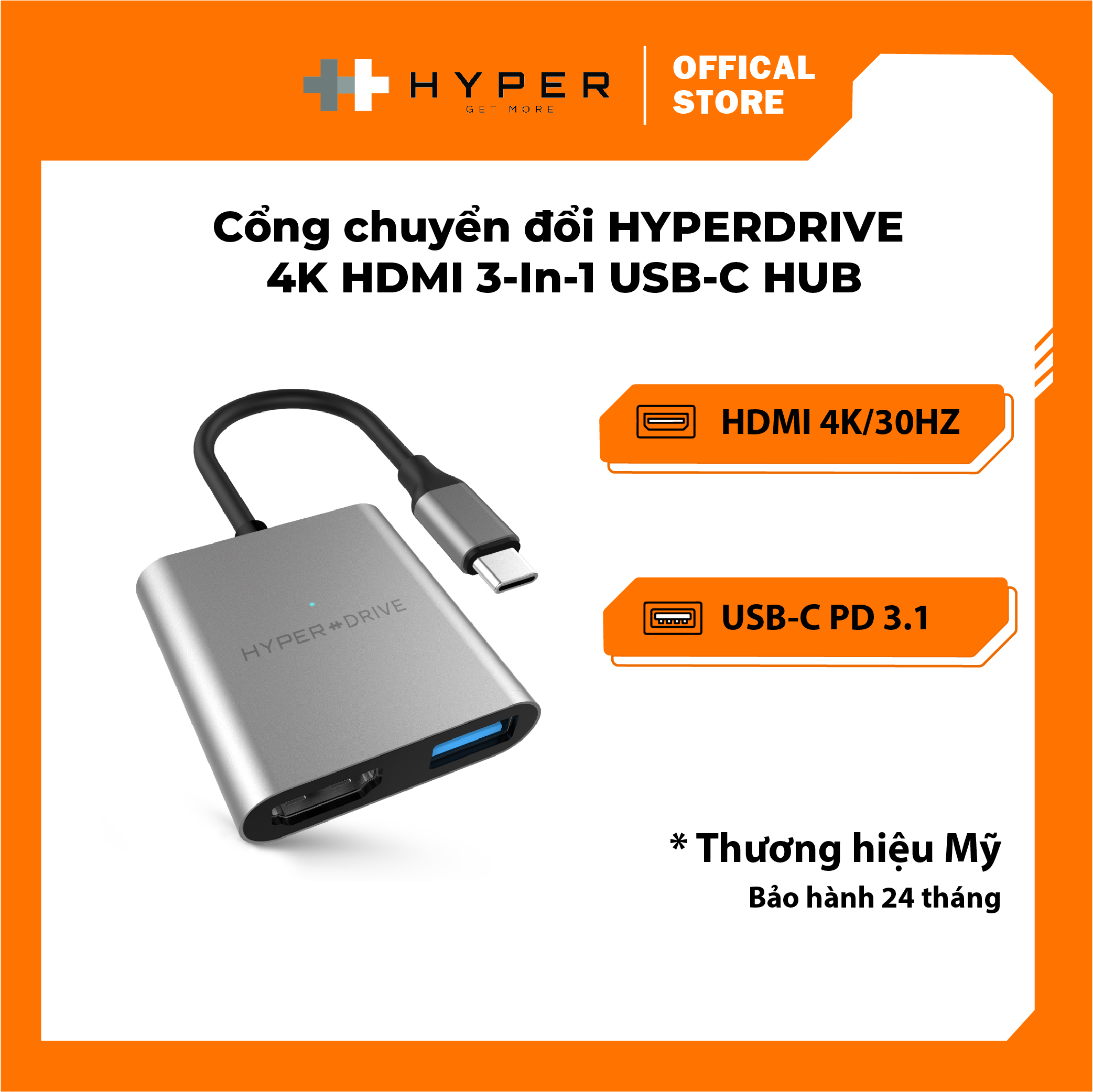 CỔNG CHUYỂN HYPERDRIVE 4K HDMI 3-IN-1 USB-C HUB DÀNH CHO MACBOOK, SURFACE, PC & DEVICES – HD259A